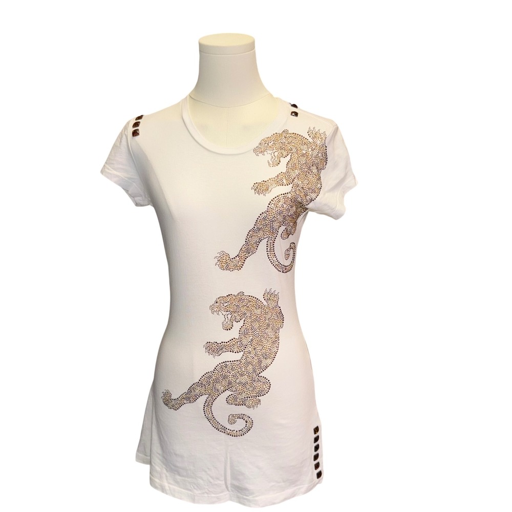 Christian Audigier Vintage Y2K Rhinestone Panther Mini Dress Tunic Tee Small
